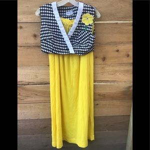 Vintage 2 pc polka dot yellow skirt midriff top flower black checkered